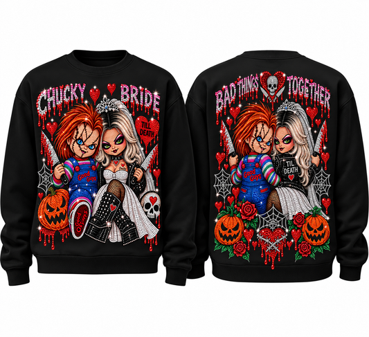 Chucke & B Rhinestone Halloween Sweatshirt – Till Death Horror Couple Crewnec
