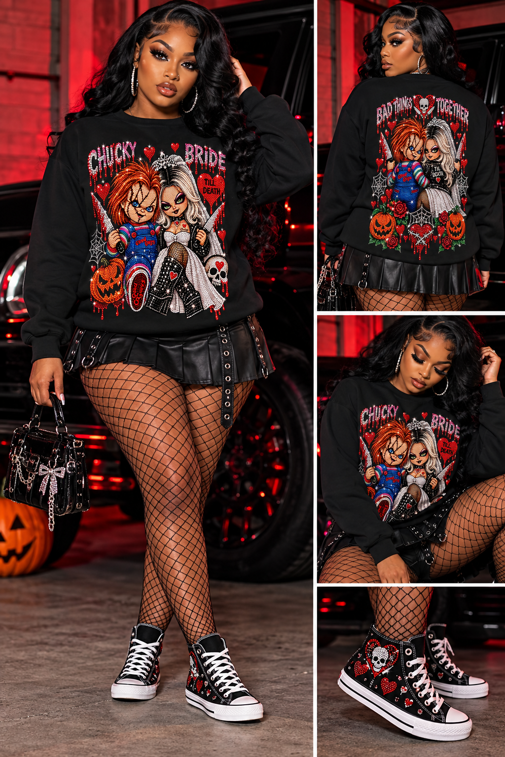 Chucke & B Rhinestone Halloween Sweatshirt – Till Death Horror Couple Crewnec